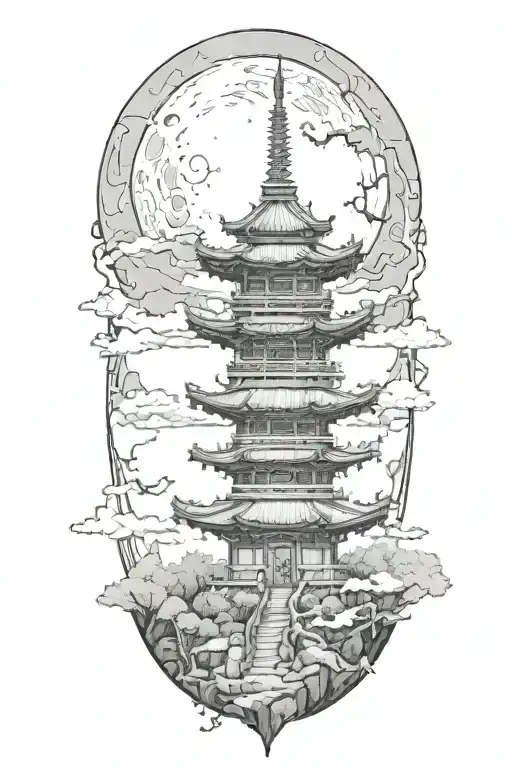 A sketch of a haunted pagoda with ghostly figures and a full moon in the background tattoo design idea