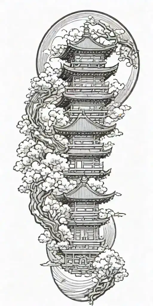 An empty circle on the top, at the bottom of the circle a pagoda touches it, there are cherry blossoms and clouds  tattoo design idea