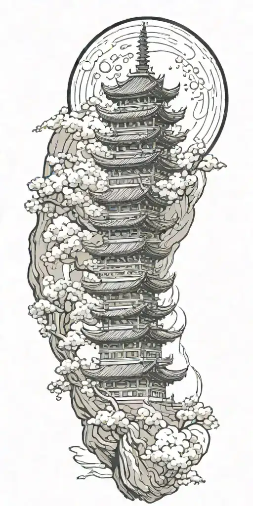 One "burning" pagoda temple with cherry blossoms, around clouds and dragons, while above there is the moon not touching  tattoo design idea