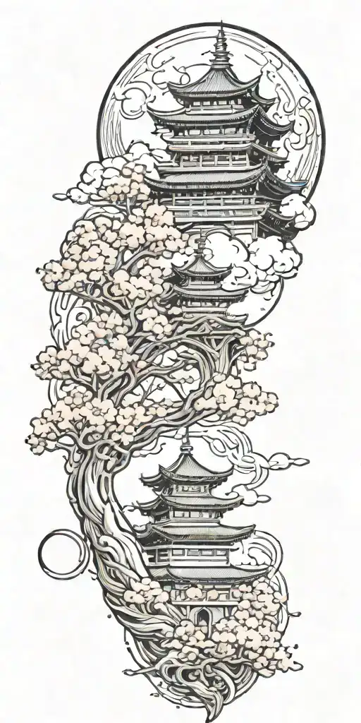 One "burning" pagoda temple with cherry blossoms, around clouds and dragons, while above there is the moon with a fox  tattoo design idea