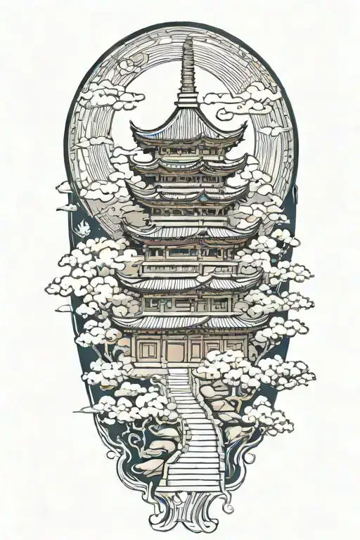 One "burning" pagoda temple with cherry blossoms, around clouds and dragons, while above there is the moon with a fox  tattoo design idea