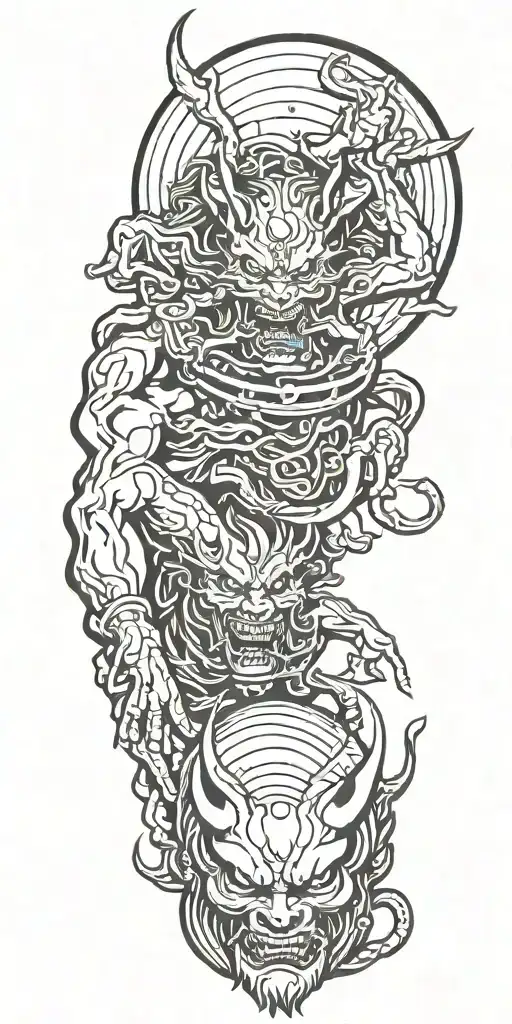 two japanese demons holding a sphere   tattoo design idea