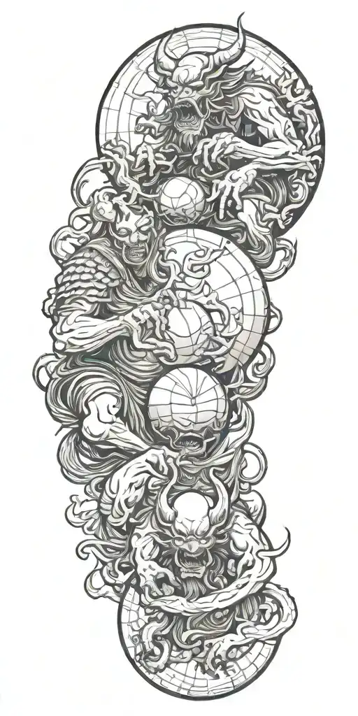 two japanese demons holding a sphere   tattoo design idea