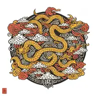 japanese ideograms through the spine closed in a japanese column, flying around the column there are drakes and clouds tattoo design idea