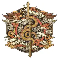 japanese ideograms through the spine closed in a japanese column, flying around the column there are drakes and clouds tattoo design idea