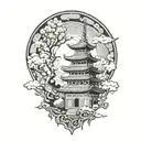 One "burning" pagoda temple with cherry blossoms, around clouds and dragons, while above there is the moon with a fox  tattoo design idea