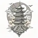 One "burning" pagoda temple with cherry blossoms, around clouds and dragons, while above there is the moon with a fox  tattoo design idea