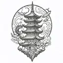 One "burning" pagoda temple with cherry blossoms, around clouds and dragons, while above there is the moon with a fox  tattoo design idea