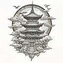 One "burning" pagoda temple with cherry blossoms, around clouds and dragons, while above there is the moon with a fox  tattoo design idea