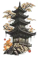 A traditional Japanese pagoda in flames reaching up to the sky, around the pagoda sakura trees in flames tattoo design idea