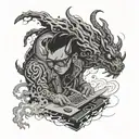 A software developer coding in a dark, corrupted world with Japanese demon spirits floating around tattoo design idea