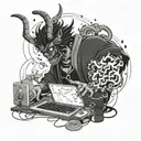 A software developer coding in a dark, corrupted world with Japanese demon spirits floating around tattoo design idea