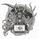 A software developer coding in a dark, corrupted world with Japanese demon spirits floating around tattoo design idea