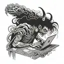 A software developer coding in a dark, corrupted world with Japanese demon spirits floating around tattoo design idea