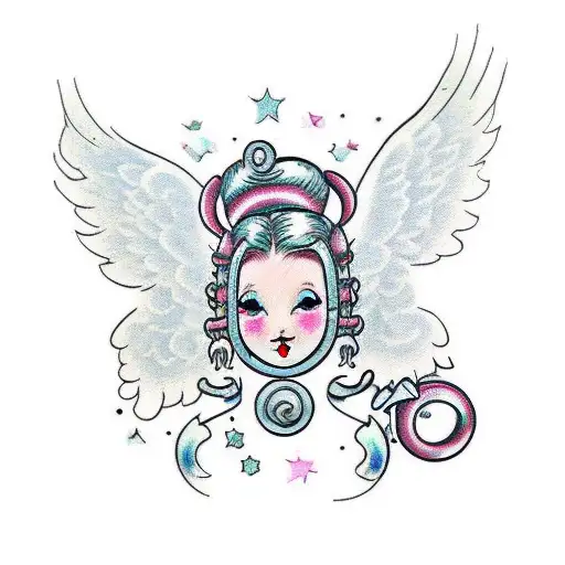 traditional style cherub with pig tails or space buns  tattoo design idea