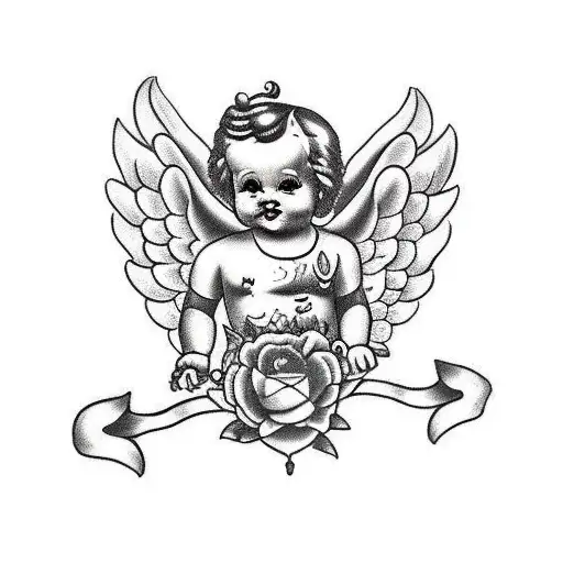 traditional style cherub with pig tails tattoo design idea