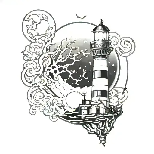 tim burton style halloween lighthouse shining full moon tattoo design idea