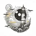 tim burton style halloween lighthouse shining full moon tattoo design idea