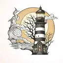 tim burton style halloween lighthouse shining full moon tattoo design idea