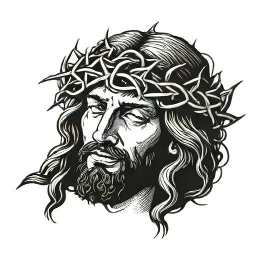 a black and white portrait of jesus's head with a crown of thorns and jesus looking to the right with his eyes closed tattoo design idea