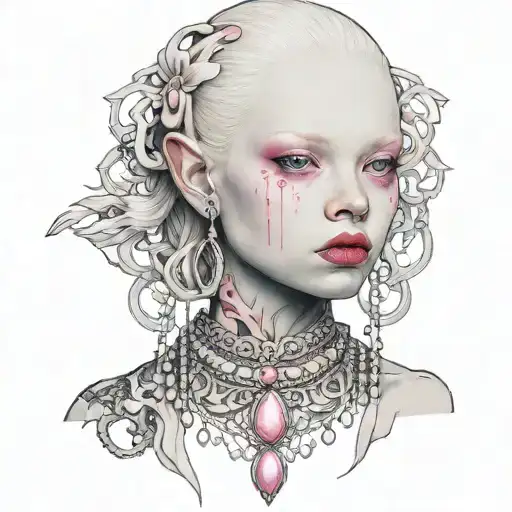 albino girl with pink eyes wearing an elaborate necklace  tattoo design idea