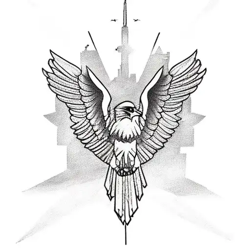 A tattoo of a majestic eagle soaring over a city skyline, symbolizing your career as an aerospace design engineer and your admiration for big buildings. tattoo design idea
