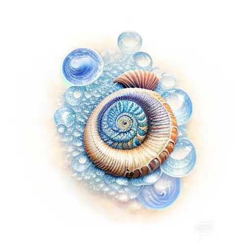 A nautilus shell floating in a sea of crystals tattoo design idea