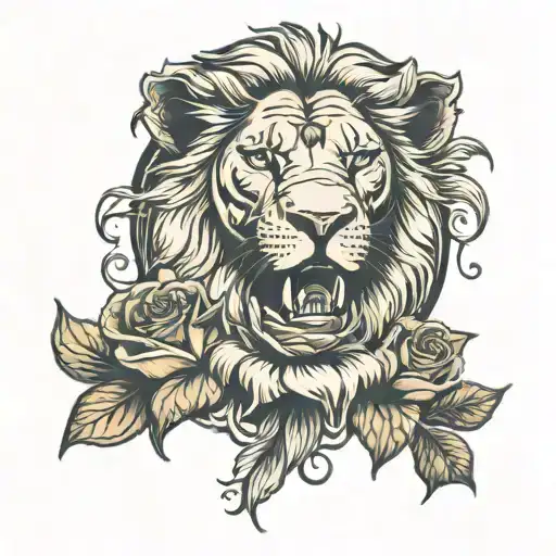 Lion and $100 bill roses with lily flower tattoo design idea