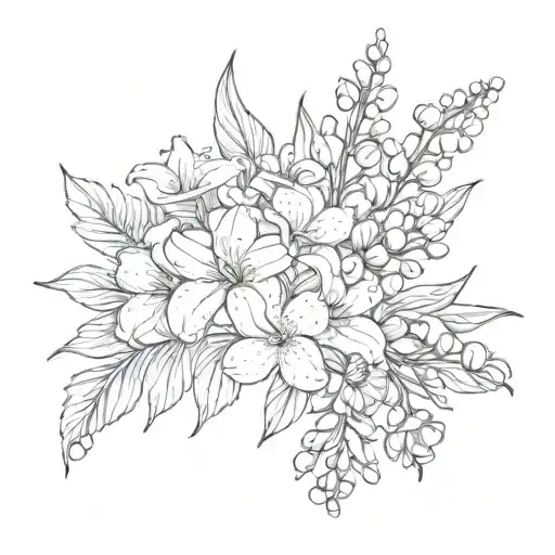 fine line bouquet of lily of the valley, cosmos, asters and gladiolus tattoo design idea