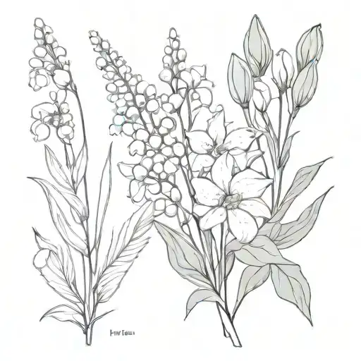 fine line bouquet of lily of the valley, cosmos, asters and gladiolus tattoo design idea