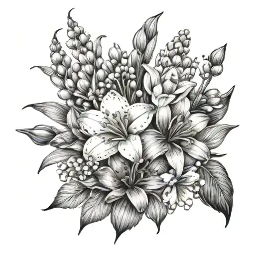 fine line bouquet of lily of the valley, cosmos, asters and gladiolus tattoo design idea
