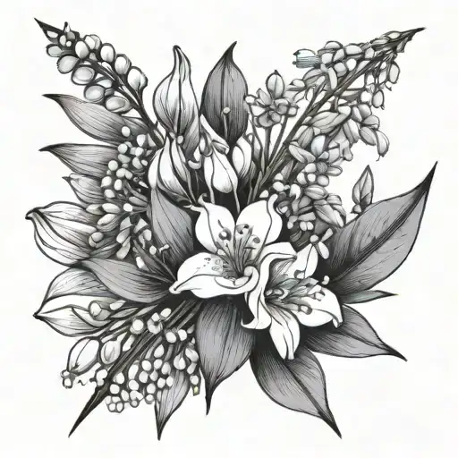 fine lineminimalist bouquet of lily of the valley, cosmos, asters and gladiolus tattoo design idea