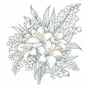 fine line bouquet of lily of the valley, cosmos, asters and gladiolus tattoo design idea