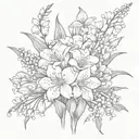 fine line bouquet of lily of the valley, cosmos, asters and gladiolus tattoo design idea