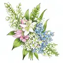 fine line bouquet of lily of the valley, cosmos, asters and gladiolus tattoo design idea