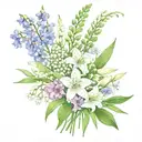 fine line bouquet of lily of the valley, cosmos, asters and gladiolus tattoo design idea