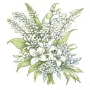 fine line bouquet of lily of the valley, cosmos, asters and gladiolus tattoo design idea