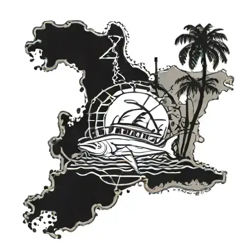 Florida outline with faded latitude and longitude lines. Hard hat sponge diver ans swordfish tattoo design idea