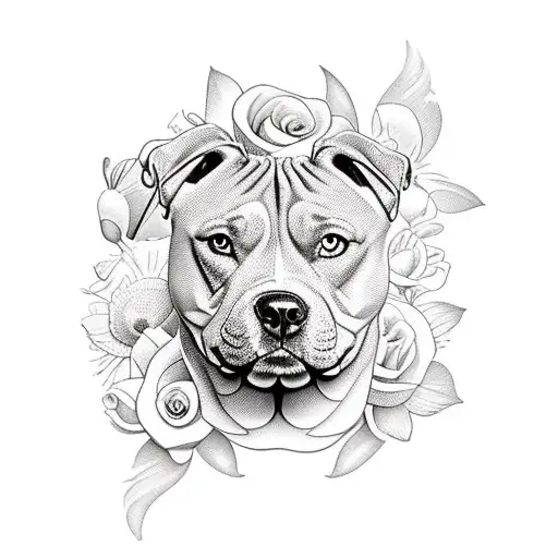 staffy with flowers tattoo design idea