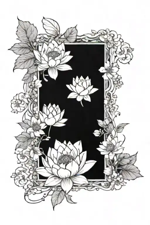 An elegant design of waterlilies and huckleberries merging into a beautiful botanical pattern tattoo design idea