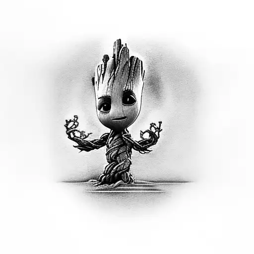 baby groot holding camera  tattoo design idea