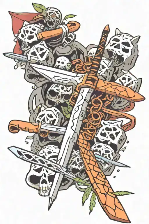 rocks with a bunch of anime weapons like odm blade, morel's pipe, ichigo's zanpakuto  tattoo design idea