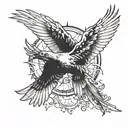 dove and a raven falling from the sun with feathers coming off of them tattoo design idea