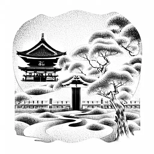 Entrance to a japanese temple of the soul. Round. Nature. tattoo design idea