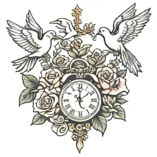 3 roses 3 doves 3 clocks 3 crosses tattoo design idea