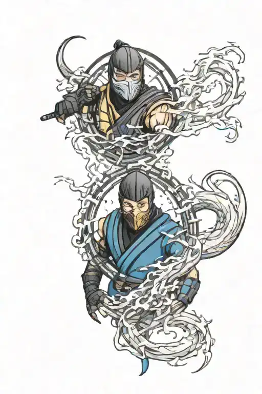 Mortal kombat tattoo with Scorpion and Sub-Zero split face with fire and ice black ink tattoo design idea