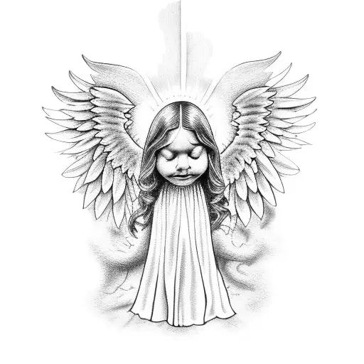 Angel shedding a tear with praying hands holding a rosary tattoo design idea