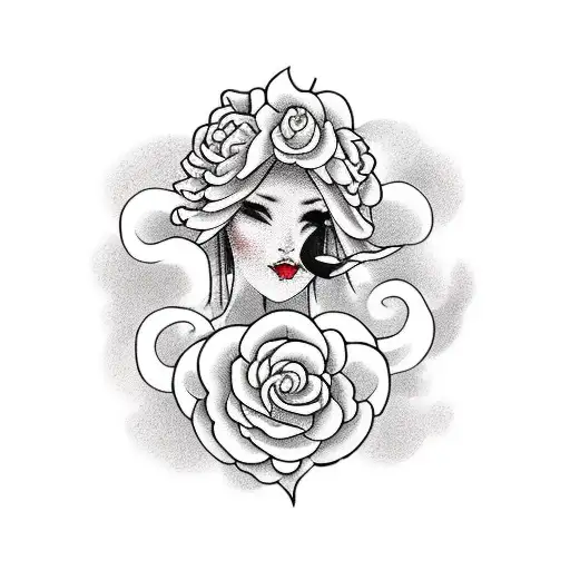 Lady with animal, white rose, N and G letters tattoo design idea