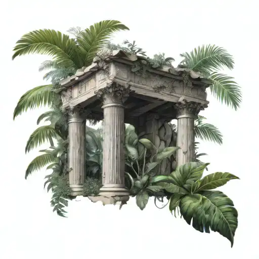 Roman column in tropical rainforest tattoo design idea