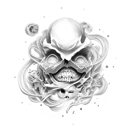 A dark and surreal scene with twisted and distorted figures tattoo design idea